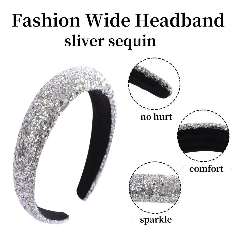 Cutewing Sequin Headbands for Women Girls,2PCS Sparkle Wide Padded Headband Gold Sliver,Fashion Glitter Hairbands Hair Hoops Comfortable for Daily Prom Party Head Accessories - Image 3